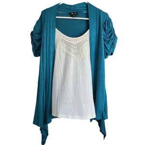 AB Studio Teal White Short Ruched Sleeve Open Front Cardigan Top